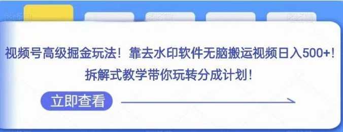 视频号高级掘金玩法,靠去水印软件无脑搬运视频日入500+,拆解式教学带你玩转分成计划【揭秘】