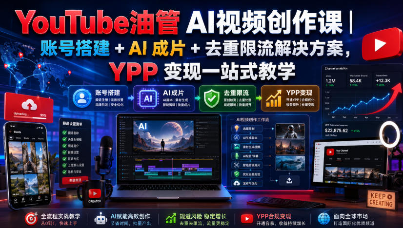 YouTube油管AI视频创作课｜账号搭建+AI成片+去重限流解决方案，YPP变现一站式教学（更新0809）