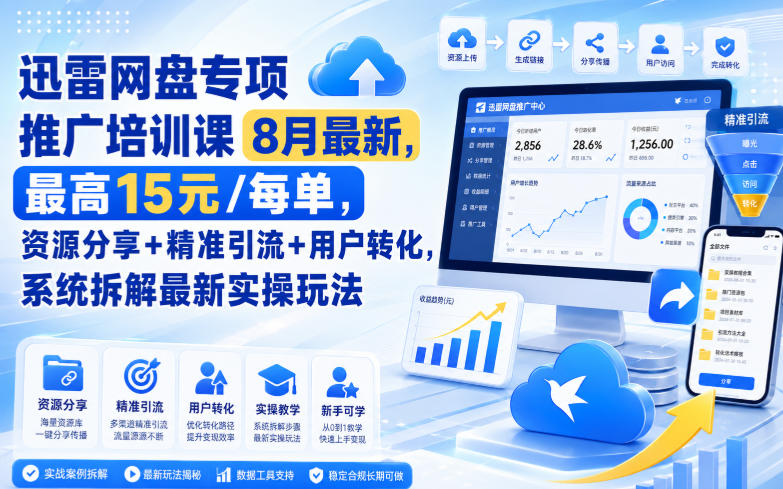 迅雷网盘专项推广培训课8月最新，最高15米/每单，资源分享+精准引流+用户转化，系统拆解最新实操玩法（更新0903）