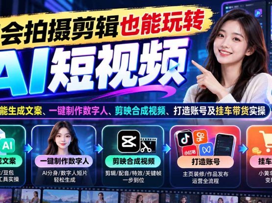 不会拍摄剪辑也能玩转AI短视频：教你智能生成文案、一键制作数字人、剪映合成视频、打造账号及挂车带货实操