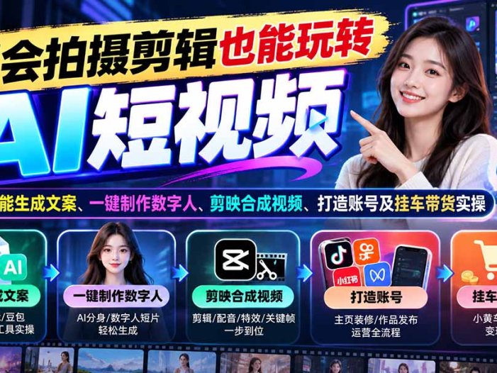不会拍摄剪辑也能玩转AI短视频:教你智能生成文案、一键制作数字人、剪映合成视频、打造账号及挂车带货实操