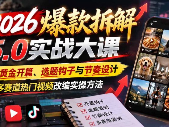 2026爆款拆解5.0实战大课：拆透黄金开篇、选题钩子与节奏设计，学会多赛道热门视频改编实操方法