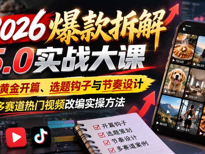 2026爆款拆解5.0实战大课:拆透黄金开篇、选题钩子与节奏设计,学会多赛道热门视频改编实操方法