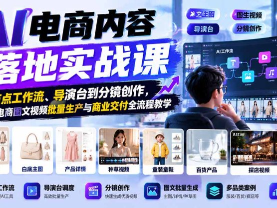 AI电商内容落地实战课：从节点工作流、导演台到分镜创作，掌握电商图文视频批量生产与商业交付全流程教学