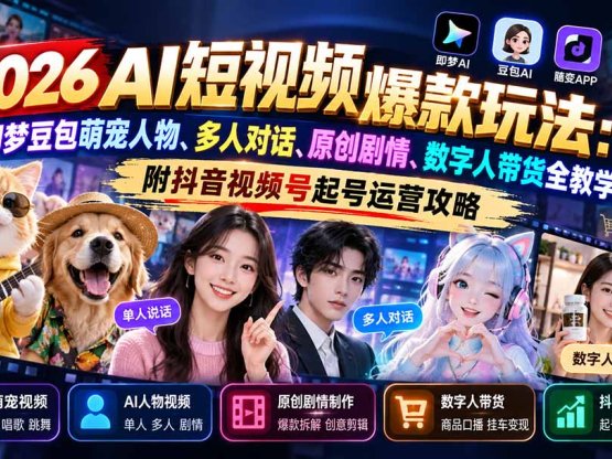 2026AI短视频爆款玩法:即梦豆包萌宠人物、多人对话、原创剧情、数字人带货全教学,附抖音视频号起号运营攻略